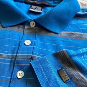 Nike Tiger Woods Collection FIT DRY Golf Polo Mens L Cotton/Poly Blue Stripe EUC